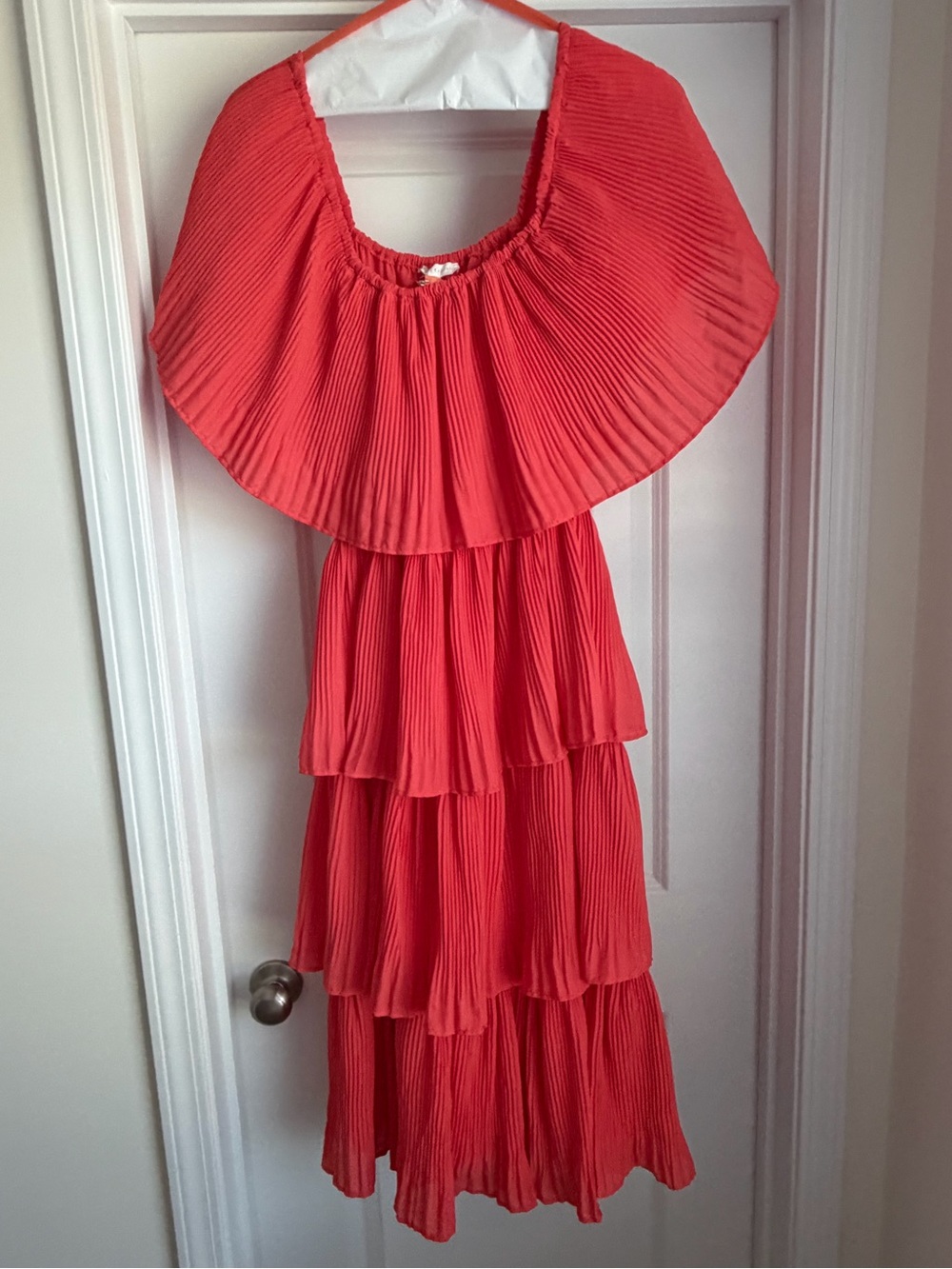 Tiered Pleated Maxi Dress in Coral
